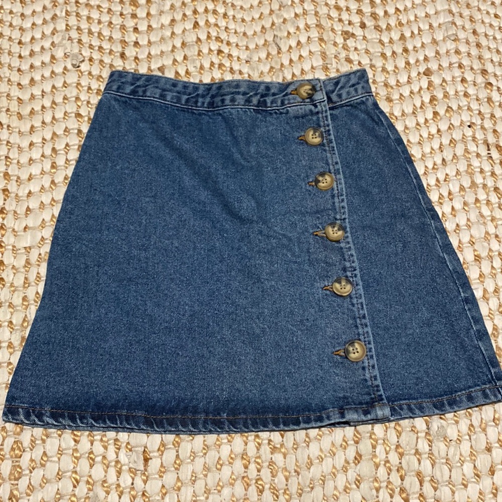 Denim wrap skirt with side buttons in blue